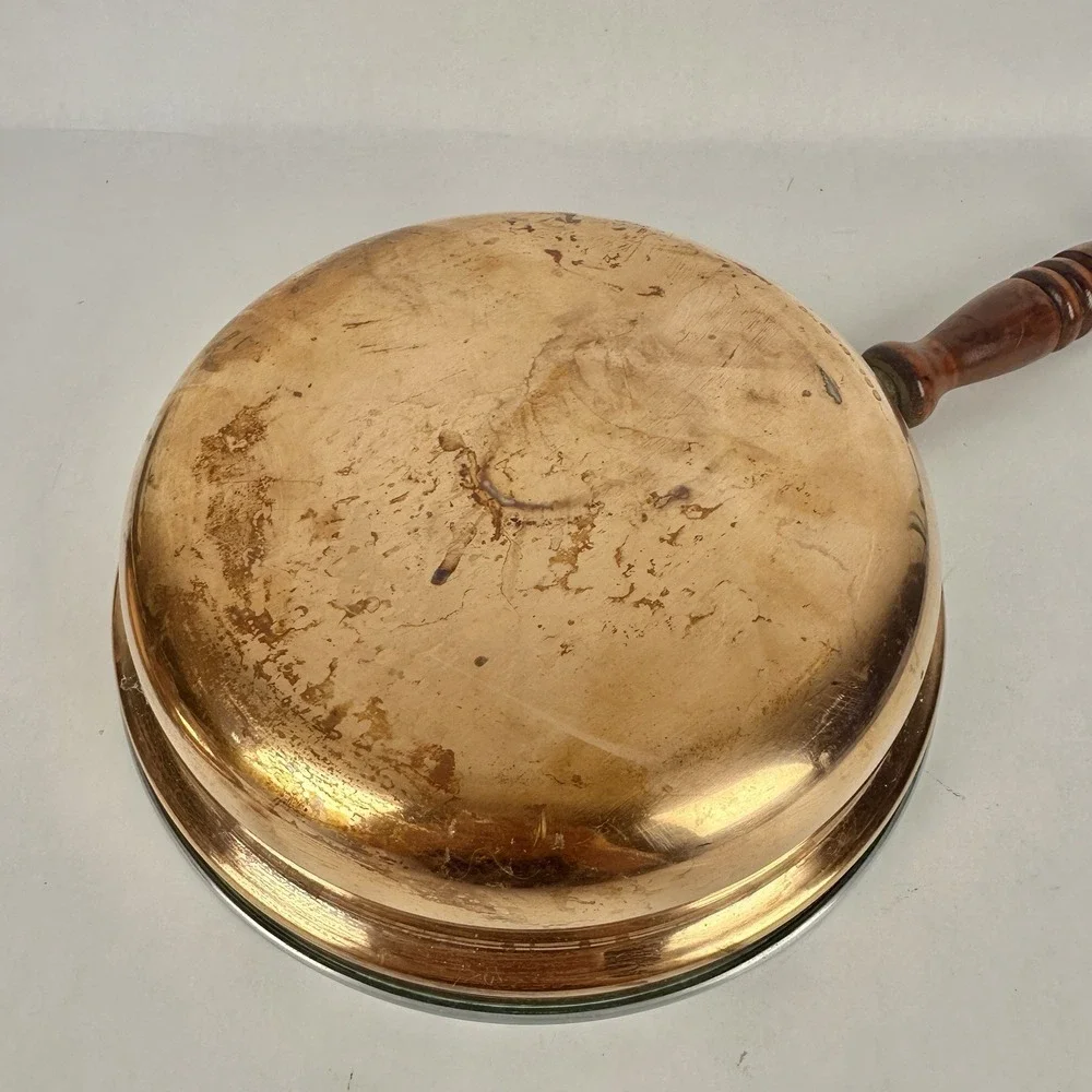 Vintage Copper Skillet Sauté Pan with Lid Brass Wood Handle